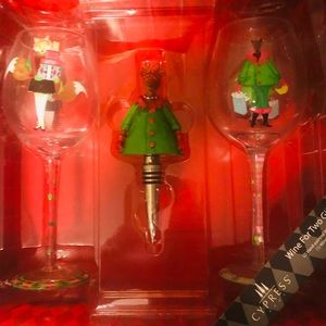 Cypress Home Wine For Two Gift Set 2 Hand Painted Wine Glasses & 1 Wine Stopper